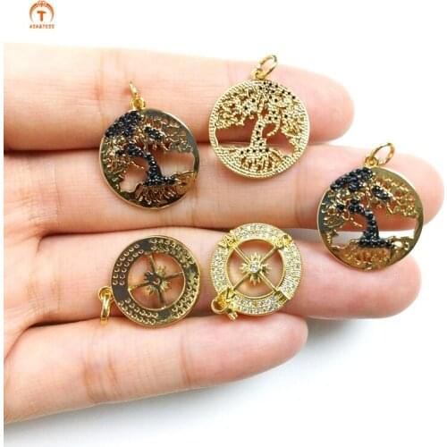 5pcs CZ Compass Round Pendant Necklaces For Women Brass Plate Compass Charm Compass The Tree Of Life Pendant Jewelry Set Finding