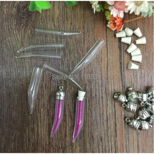 50set/lot Fang Tooth rice necklace Glass Vial Pendant Perfume wish Bottle with mental cap DIY Jewelry Pendants vials oil bottle