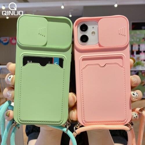 Lanyard Strap Wallet Card Holder Phone Case for iPhone 12 11 Pro Max X XR XS Max 7 8 Plus Slide Lens Camera Crossbody Rope Cover