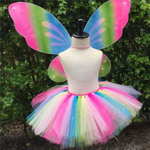 Girls Rainbow Tutu Skirts Baby Tulle Skirt Ballet Pettiskirts Underskirt with Butterfly Wing Set Kids Party Costume Fairy Skirts