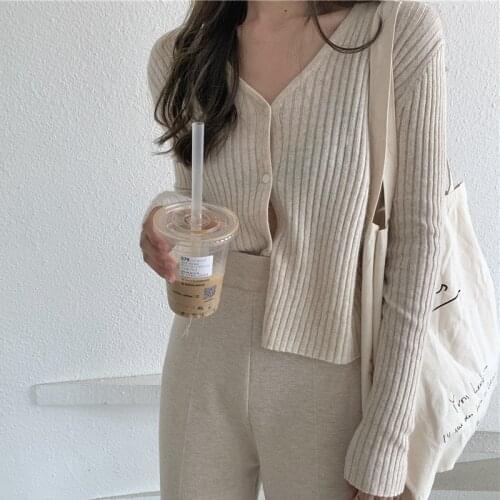 Beige Gray Coffee Black Cardigan Women Spring Summer Autumn Basic V-neck Knitted Sweater Cardigan Korean Short Cardigan Female