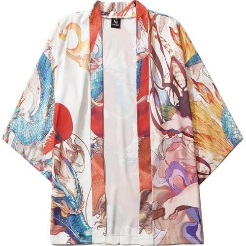 Haori Obi Cosplay Kimono Japanese Dragon and Phoenix Print Anime Cardigan Shirt Women Men Traditional Yukata Asian Clothing
