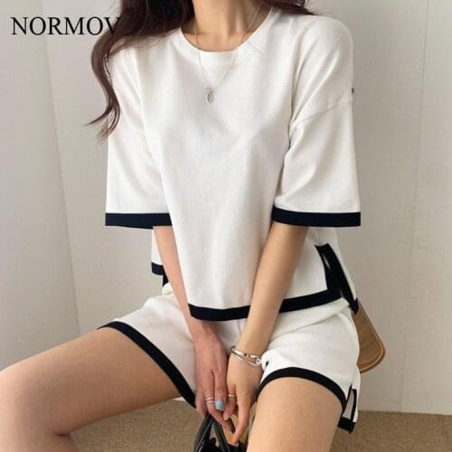 NORMOV Suits with Shorts Two-Piece Ladies Loose Short-Sleeved Knitted Set Casual Loose T-Shirt Shorts Women Comfortable Set