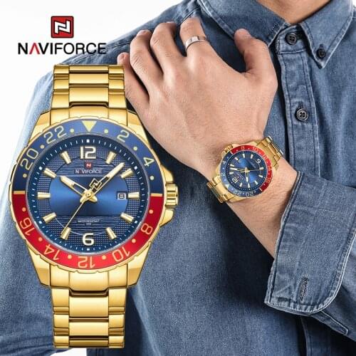 Top Luxury NAVIFORCE Gold Mens Watches 2021 Business Classic Stainless Steel Calendar Clock Waterproof Quartz Male Wristwatch