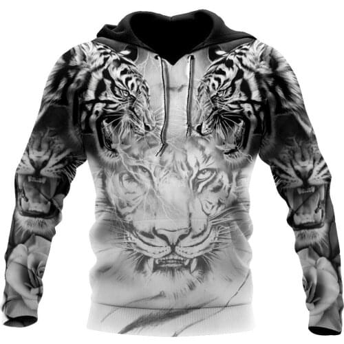 Mens Casual 3D Print Hoodies Double White Tiger Tattoo Man Pullover Women Hood Sweatshirts Hip-Hop Jackets Unisex New Streetwear
