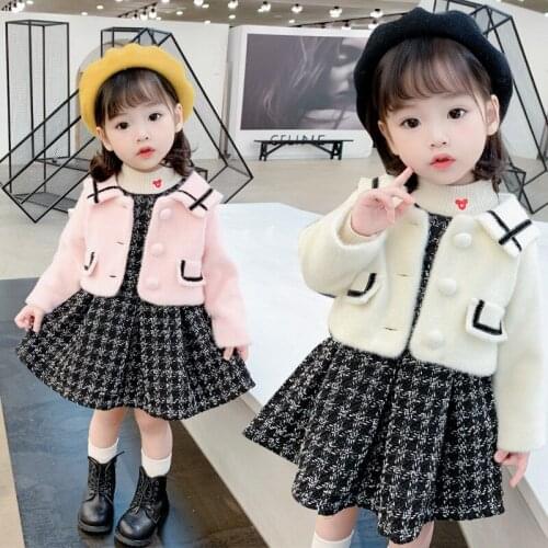 Girls autumn and winter suit with velvet coat and thick skirt 2 piece/set princess skirt toddler girl fall clothes set 2021