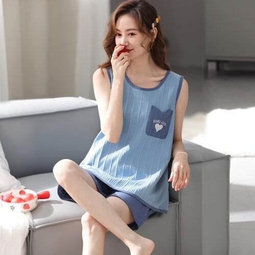 Sleeveless shorts two-piece Set summer for women ladies korean style Cotton Solid Thin Girl Home service Plus Size Pajamas pijam