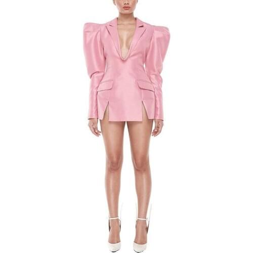 Afrian Sexy Mini Dress Pink Notched Collar Long Sleeve Split Fashion Street Wear Evening Night Club Wear Africa Dresses New Hot