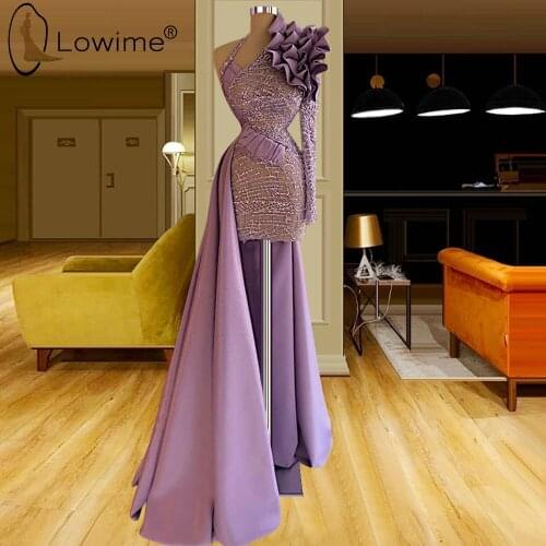 High Low One Shoulder Purple Prom Dresses 2021 Vestidos De Fiesta Formales Ruffles Beads Formal Cocktail Party Gowns