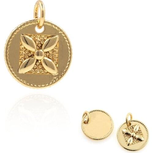 Round Gold Coin Charm Enamel Flower Pendant, Four-Leaf Clover Lucky Charm, Round Necklace, DIY Jewelry, 16x12.7x2.7mm