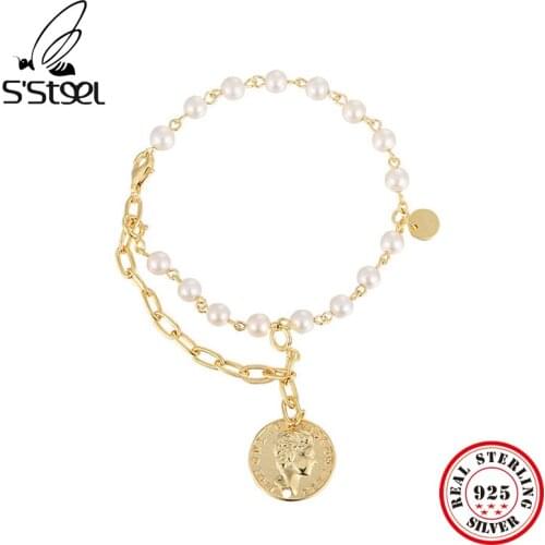 SSTEEL Pearl Bracelets Gift For Women Sterling Silver 925 Luxury Trendy Geometric Round Portrait Pendants Bracelet Fine Jewelry