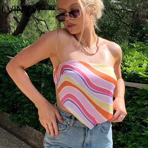 LVINMW Striped Rainbow Irregular Skinny Strapless Sleeveless Tank Tops Women Backless Sexy Slim Fashion Spring Crop Top Street
