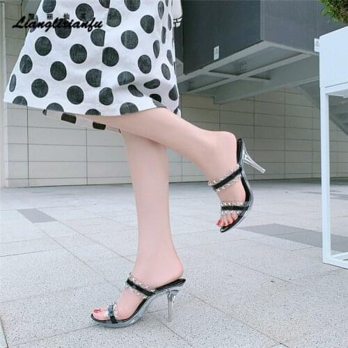 Crossdresser Summer Crystal Slippers 8cm Thin Heels Sandals Transparent Shoes Woman Sandalias Girls Rivet Party Dance Pumps