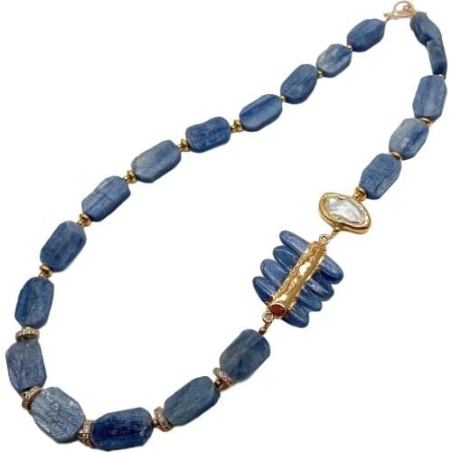 YYGEM 21" Natural Blue Kyanite rectangle gold Filled White Biwa Pearl choker Necklace vintage fo women