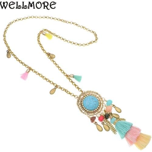 WELLMORE 2018 Colorful Bohemian long tassel Statement Necklace Stone Rope chain pendant necklaces for women jewelry wholesale
