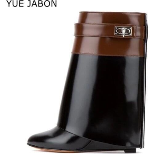 YUE JABON Women Boots Women Wedge Boots Genuine Leather Shark Lock Mid-calf Boots Fold Over Height Increasing Botas Mujer Shoe