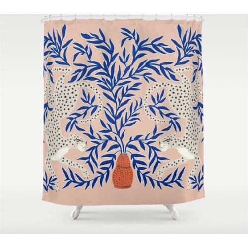 Modern Pastoral Pink Eopard Vase Shower Curtain Waterproof Bathroom Decor Printed Bathroom Curtain Set with 12 Hooks