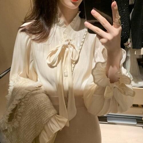 Perspective Tops Female Bowknot Flare Long Sleeve Ruffle Shirt Blouse Women Korean Fashion Clothes 2019 Spring