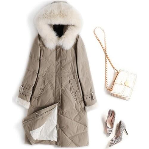 Women newest hooded long duck down jacket with fox fur collar solid color fashion warm loose coat lady Korean style down clothes