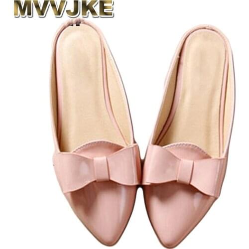 MVVJKE Shoes Woman Betterfly knot Mules Flats Slippers Pointed toe Slides Patent leather Sandals Big size apricot pink purple