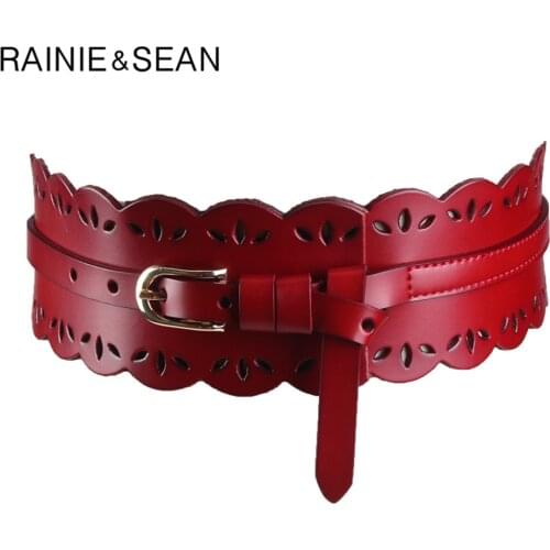 RAINIE SEAN Leather Cummerbund Women Elegant Wide Solid Wine Red Belt Cummerbunds Female Corset Ladies Broadband Waist Belts