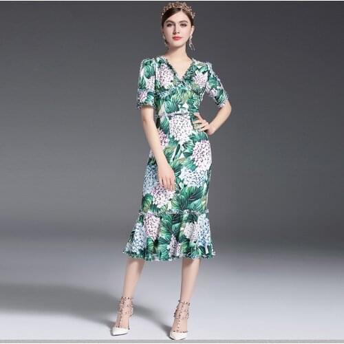 2017 Runway Designer Summer Dress Womens Sexy V-Neck Floral Printed Sheath Bodycon Sexy Mermaid Casual Dresses vestidos