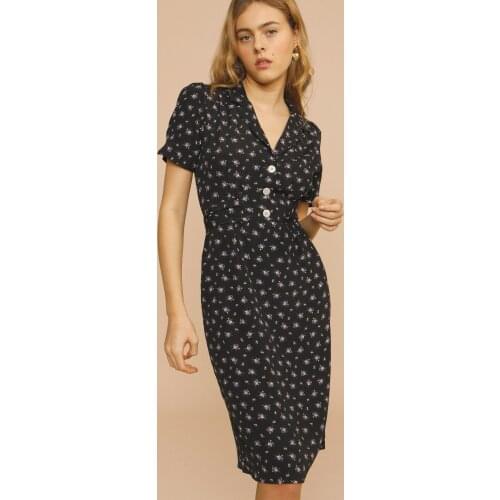 Women Dress 2021 Summer New Style French Retro Suit Lapel In The Long Skirt Floral V-neck Button High Waist Thin Dress Women