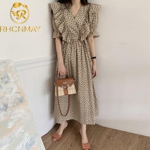 Retro Polka Dot Chiffon Dress Fashion V Neck Cross Ruffles Empire Large Swing Women Dresess Summer Long Vestido Chic