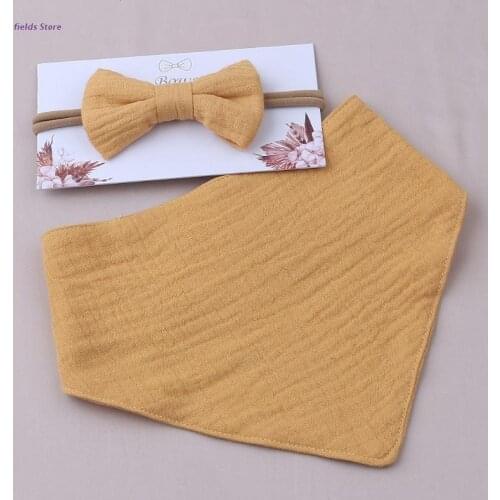 2 Pcs Baby Girls Elastic Bow Headband Saliva Towel Set Princess Bowknot Hair Band Bibs Feeding Burp Cloth Kit Soft Pure