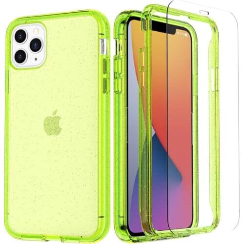 360 Degree Full Body Protect Case for IPhone Xr X Xs 11 12 Pro Max 8 7 Plus SE Case Clear Glitter Pattern with 2 Tempered Glass