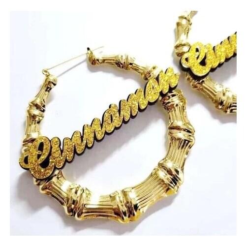 Acrylic Name Bamboo Earrings Personalized Name Gold Plated Stainless Steel Bamboo Hoop Earring For Women Girls Jewelry Gift