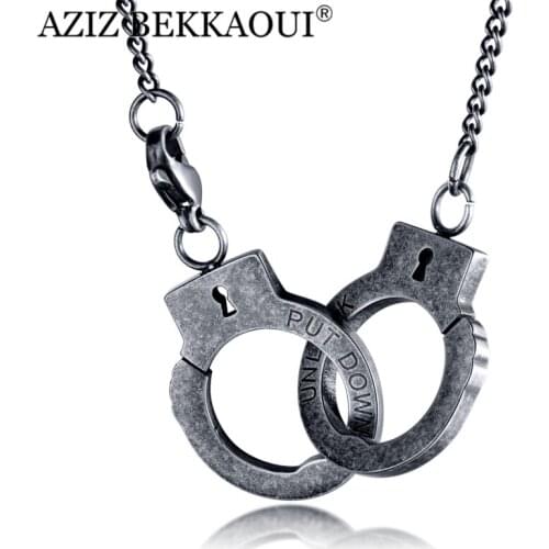 AZIZ BEKKAOUI Creative Punk Men Handcuffs Pendant Necklace Black Color Jewelry For Men Stainless Steel Necklace With Adjustable