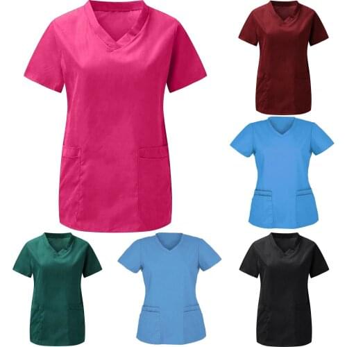 Women Short Sleeve V-neck Tops New Working Uniform Solid Color Blouse Nurse Overalls Scrubs Uniforms Shirt медицинская одежда