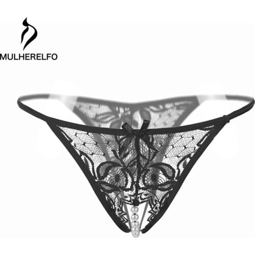 Erotic Lingerie Open Crotch Women Lace Panties Applique Pearl Underpants See-Through Knickers Elastic Underwear Female Panties