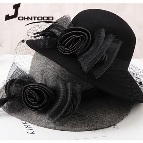 2020Hot Vogue ladies ladies vintage imitation wool rose flower felt fedora hat autumn and winter cloche bucket hat dome red hat