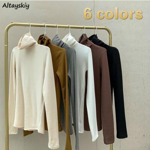 T-shirts Women Pure Colors Spring Turtleneck Long Sleeve Causal All-match Cozy Fashion Ulzzang Ropa Korean Style Female Popular