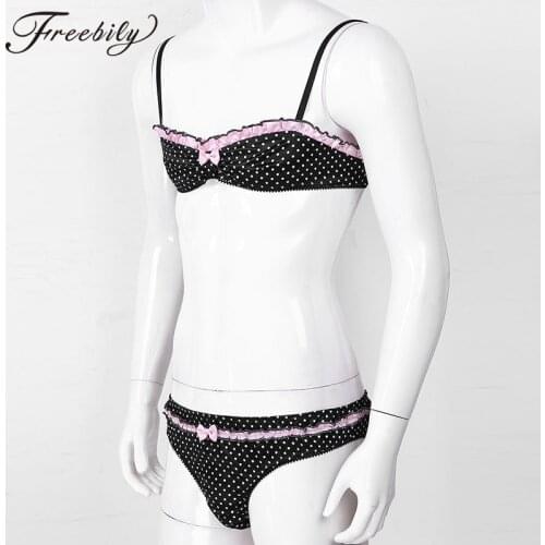 2Pcs Mens Sissy Crossdressing Exotic Sets Polka Dot Lingerie Set Lingerie Straps Ruffles Bra Top with Elastic Underwear Panties