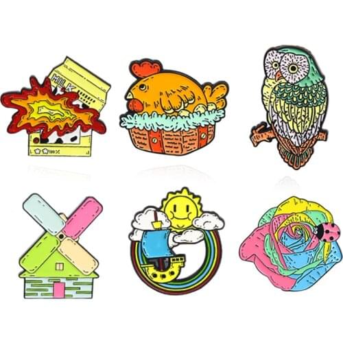 Colorful Rose Owl Hen Brooches Custom Insect Ladybug Blast Milk Windmill Sailboat Enamel Pin Backpack for Women girls Jewelry