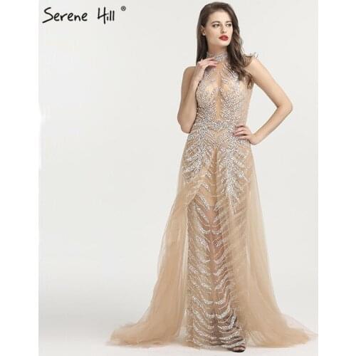 Newest Design A-Line High Collar Evening Dresses Sleeveless Luxury Beading Sequined Sexy Formal Evening Gowns Real Photo LA6564