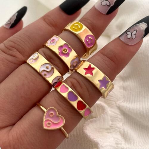 New Ins Cute Pink Happy Smiling Face Enamel Rings for Women Simple Metal Bagua Yin Yang Heart Ring Y2K Jewelry Aesthetic Gifts