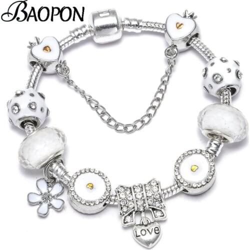 Original Love Heart Crystal Fits Fine Bracelet With Clear Opal Glass Beads Charm Bracelet Bangle For Women DIY Jewelry