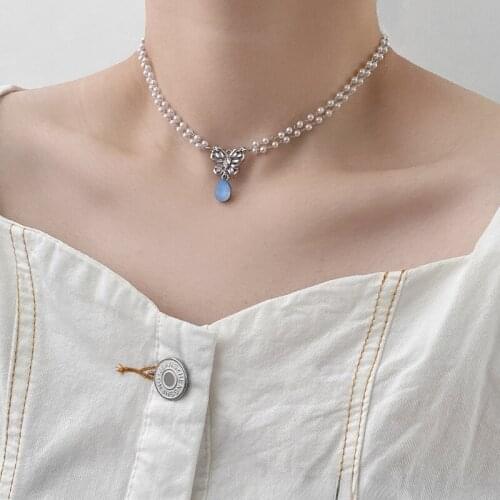 VSnow Bling Bling Rhinestone Butterfly Chokers Necklace for Women Double-Layer Imitation Pearl Waterdrop Necklace Jewellery