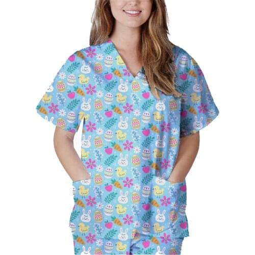Easter Women Short Sleeve V-Neck Work Uniform T-shirts With Pocket Rabbit Pattern Nursing Clothing Tops Gorro Enfermera A50