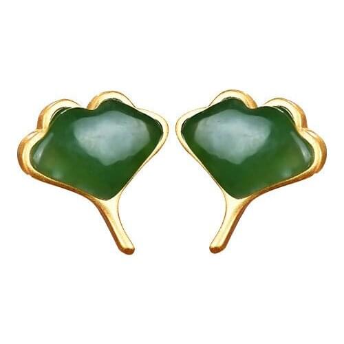 S925 sterling silver gold plated Natural Hetian jade Jasper Ear studs Personality Simple Ginkgo leaf Temperament Earrings