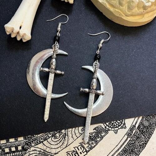 Crescent Moon And Long Sword Silver Color Earrings Witch Warrior Jewelry Gothic Fashion Punk Creative Women Gift Beautiful 2021