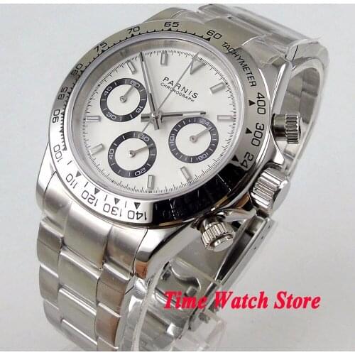 Solid 39mm PARNIS Quartz wrist watch men waterproof steel bracelet 24 hours Chronograph white dial luminous sapphire 1176