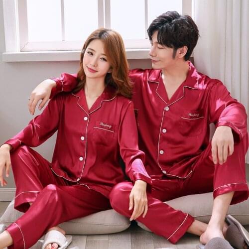 Spring and Autumn Silk Couple Comfortable Breathable Pajamas Women and Gay Style Ice Silk Long Sleeve Homewear New Products Hot
