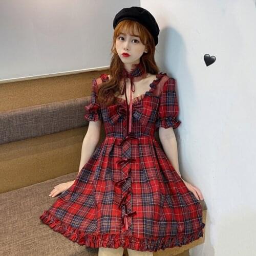 Japanese Korean Harajuku Bandage Bow Patchwork Cosplay Plaid Dress Kawaii Ruffles Dress Summer Women Lolita Style Party Dresses
