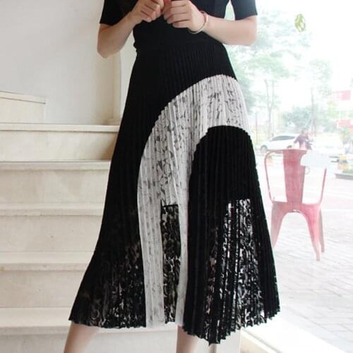 Plus size 2XL!Black lace patchwork skirt women high waist irregular slim pleated skirt