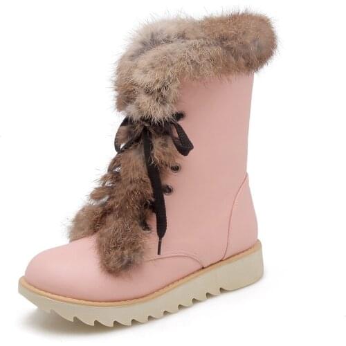 Rabbit fur snow boots women lace up plush winter boots oxford platform mid-calf boots female real fur candy color botas s436